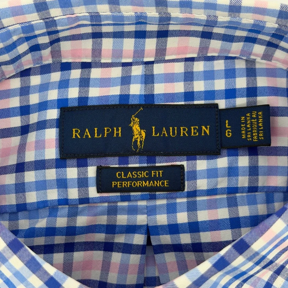 Polo Ralph Lauren Button Down Mens Large Blue Pink Check Performance Classic Fit